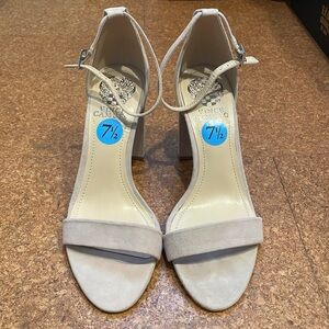 Vince Camuto Open Toe Ankle Strap Heels, Nude Neutral Suede like Heeled Sandals